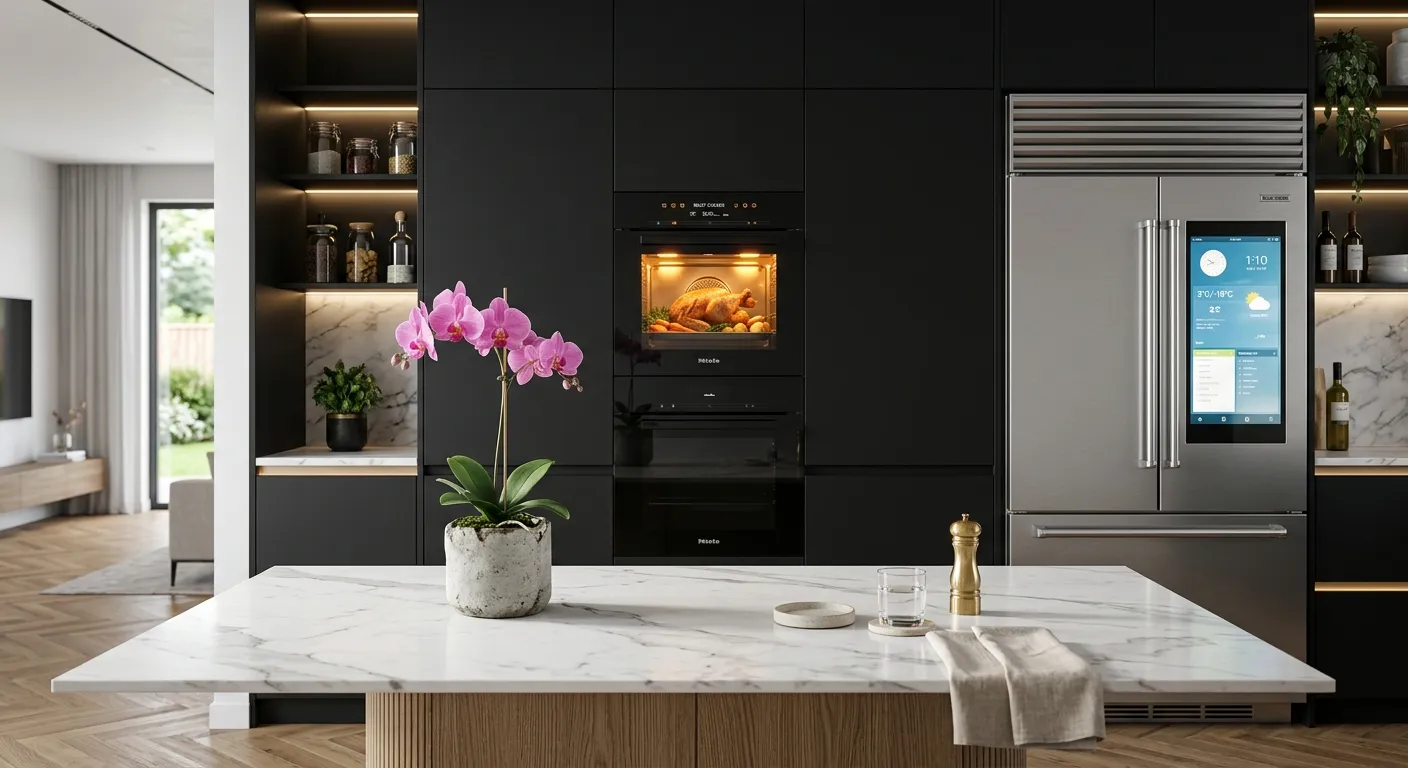 Black tall units with built-in oven and steel refrigerator