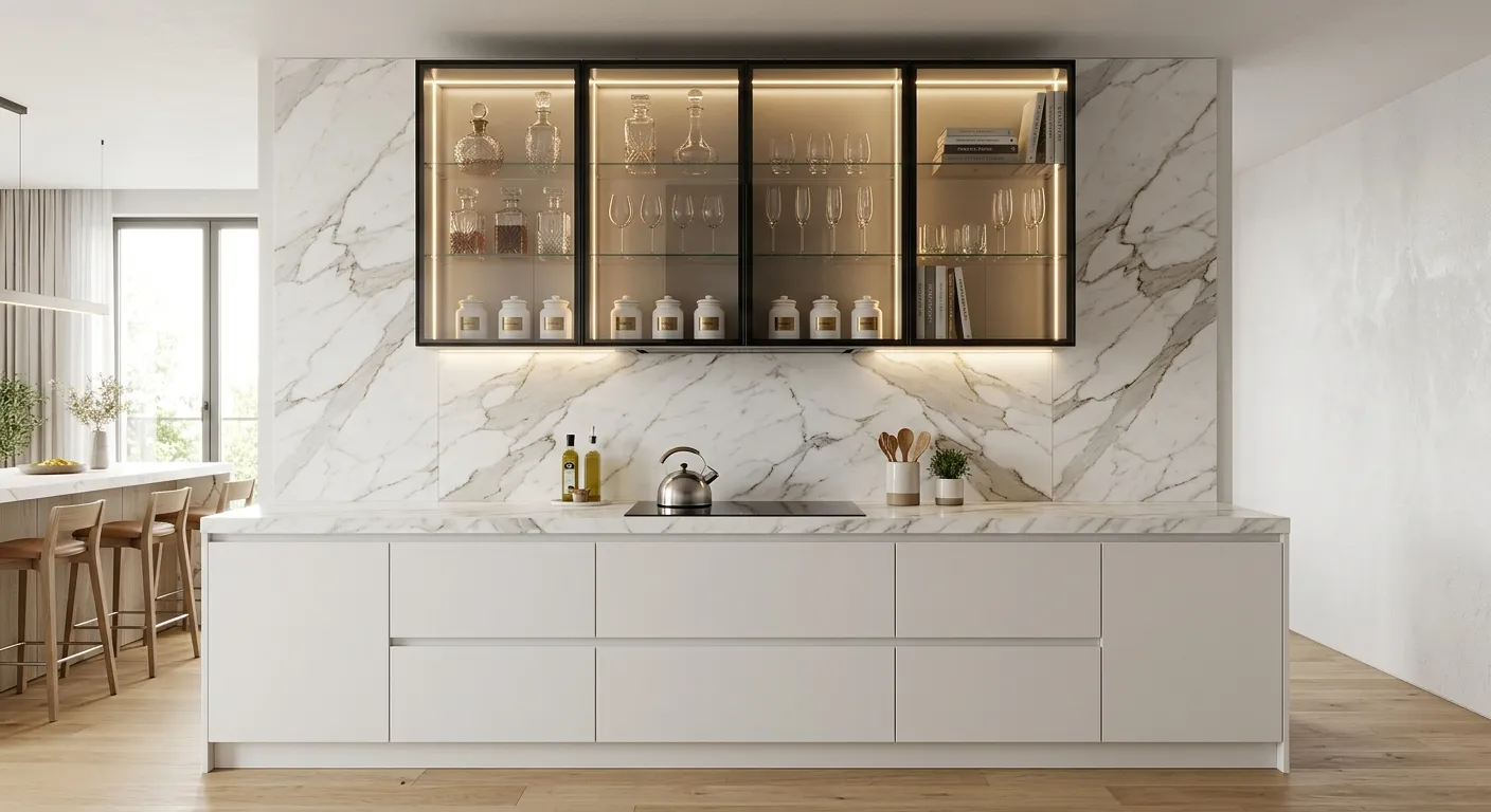 White handleless cabinets under lit glass display units