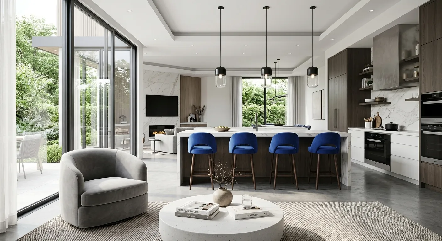 Open kitchen and living space with a long marble island