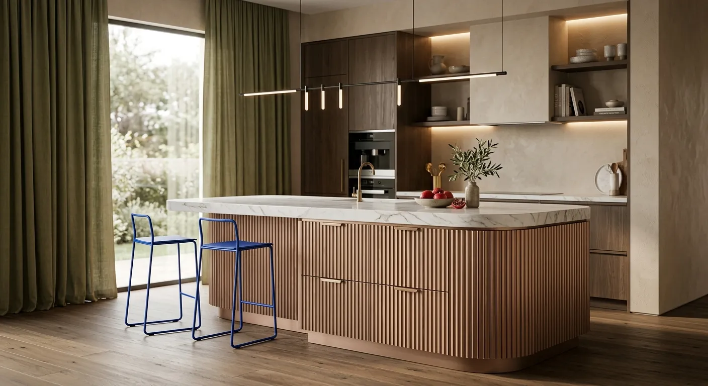 Curved fluted kitchen island with marble top and cobalt stools