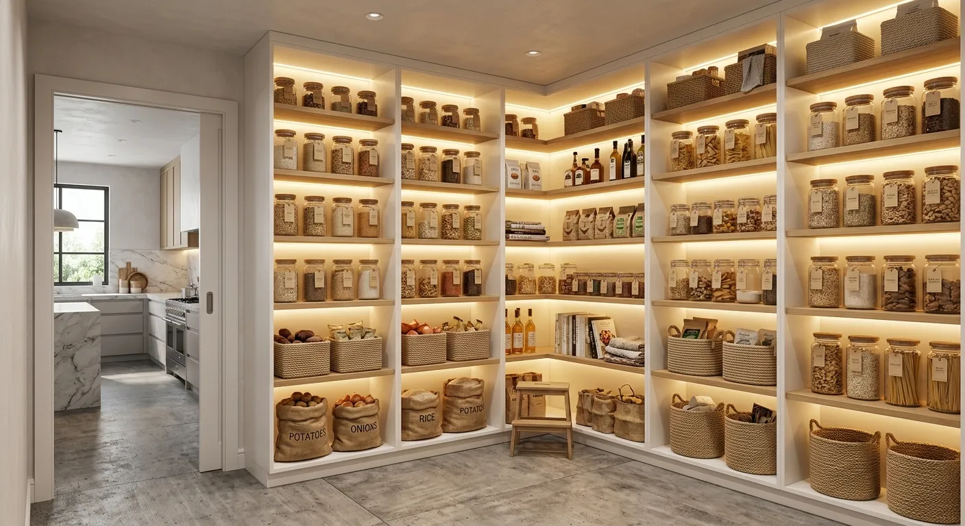 Walk-in pantry with warm lit shelves