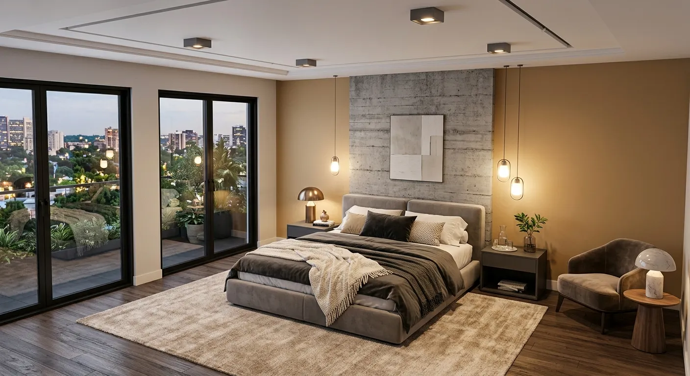 Bedroom with concrete feature wall at dusk