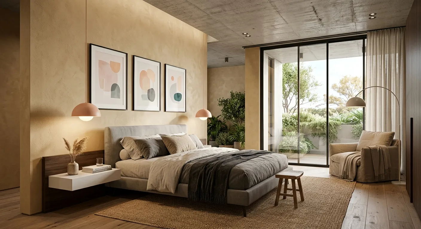 Master bedroom with sand plaster walls and framed art