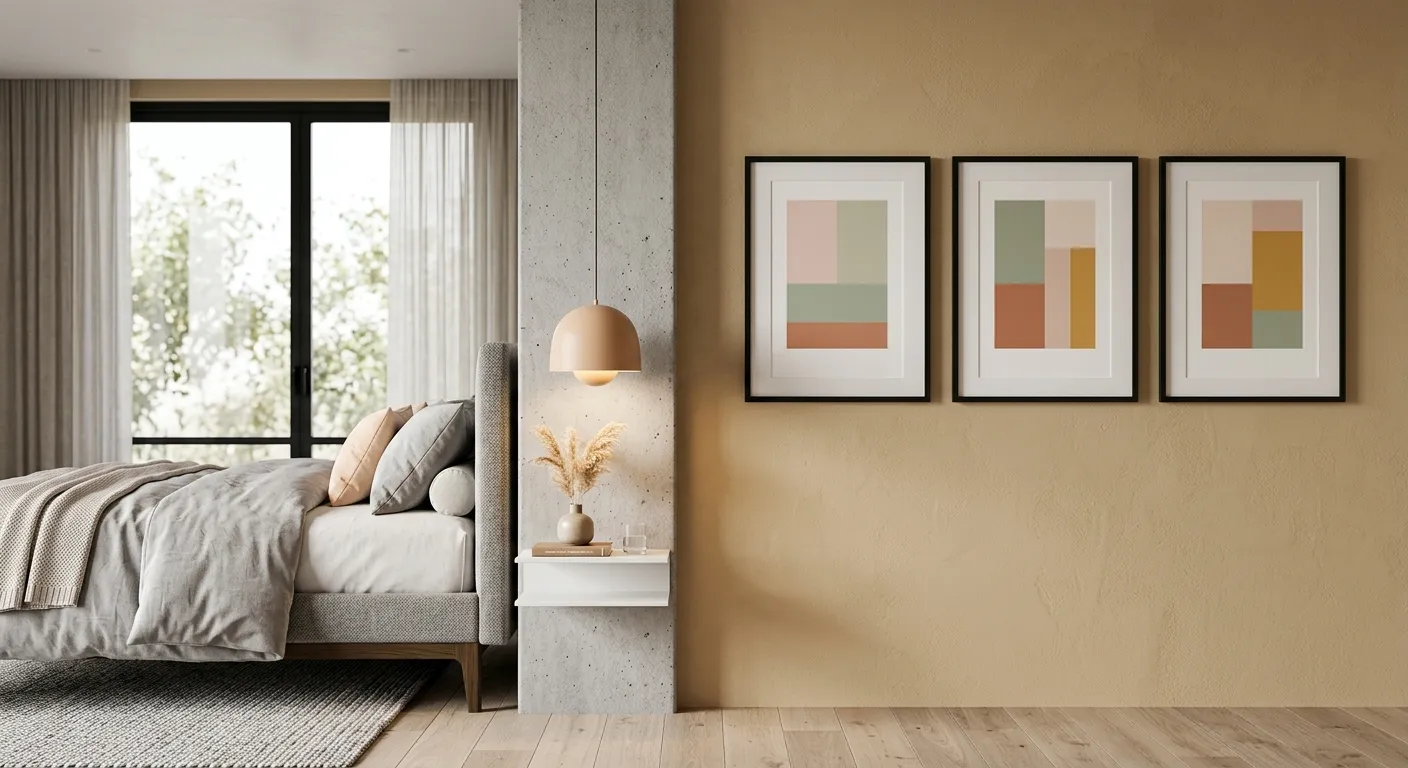 Bedside detail with pendant lamp and concrete column